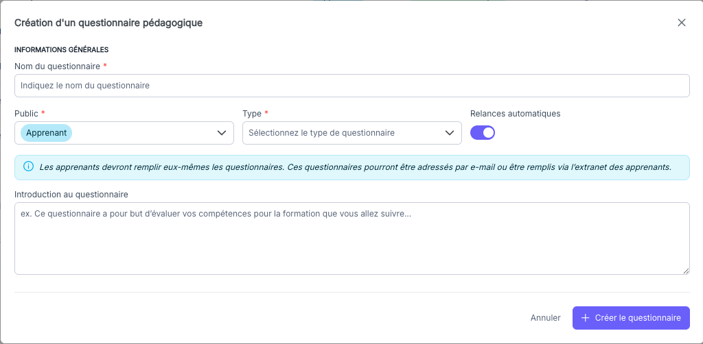 Modale de création avec les champs Nom, Public, Type, Relances automatiques et Introduction