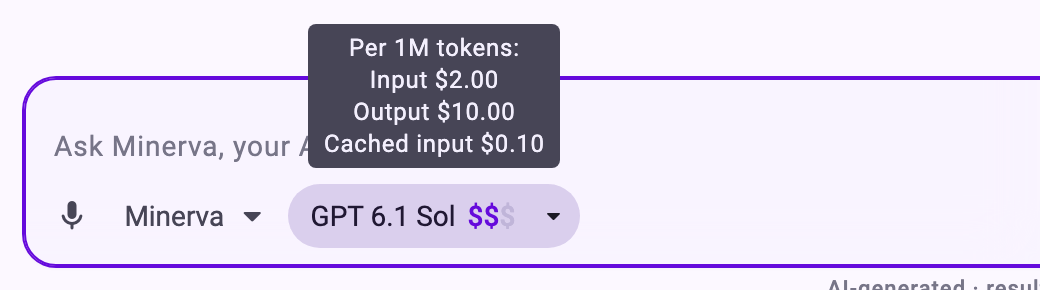 The model button with GPT 6.1 Sol and its price range, and the tooltip with its prices per 1M tokens for input, output and cached input
