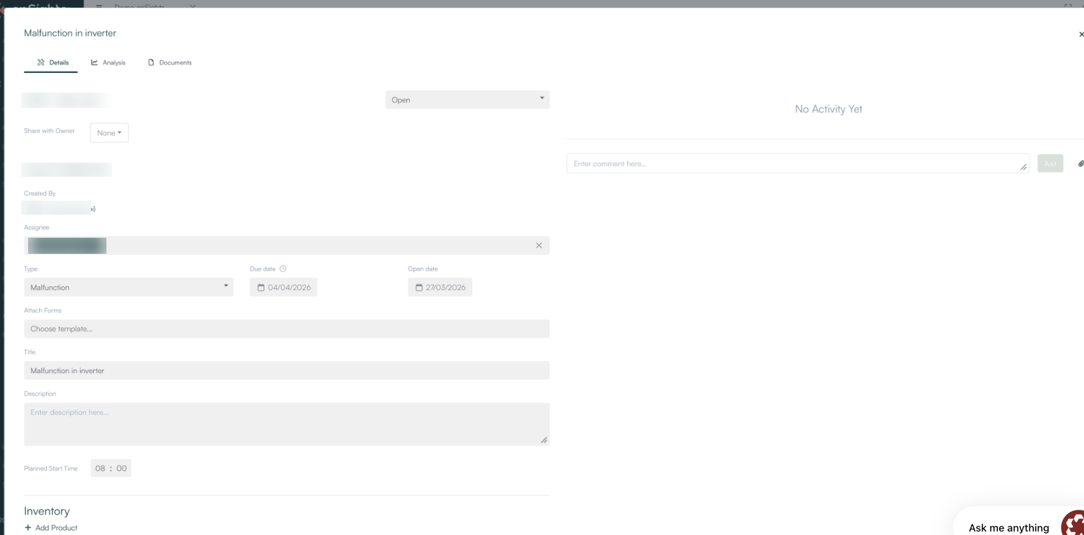 Service call opened from an alert, with the Details, Analysis and Documents tabs at the top