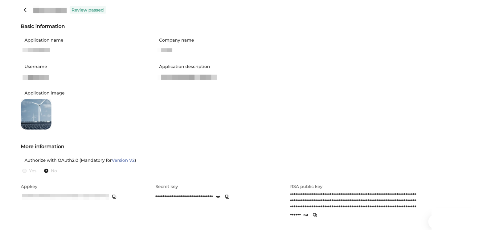 Application details showing the Appkey and Secret key