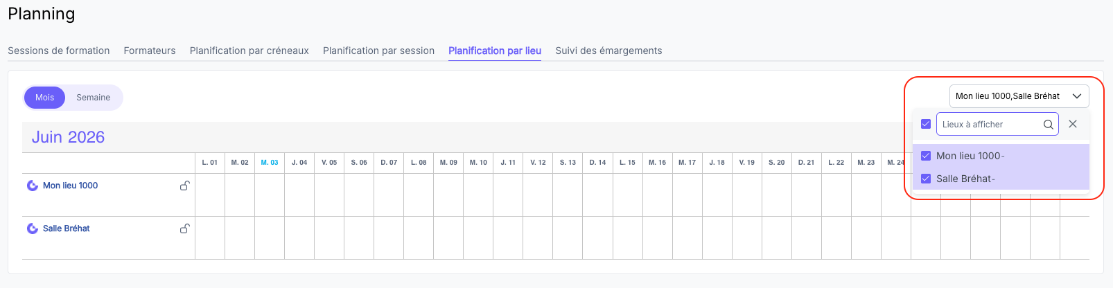 Filtre lieu actif sur le planning des lieux