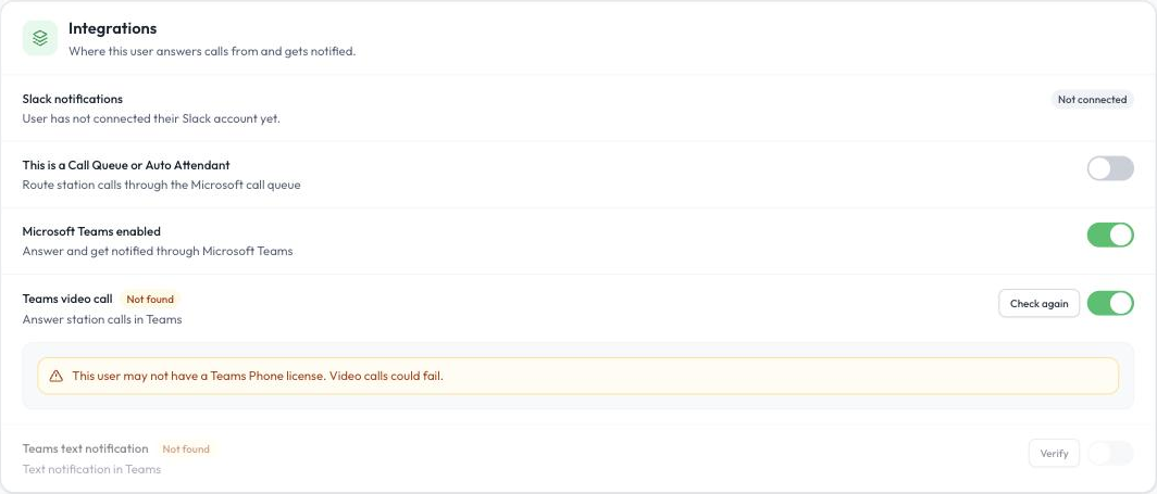 A user’s Microsoft Teams settings