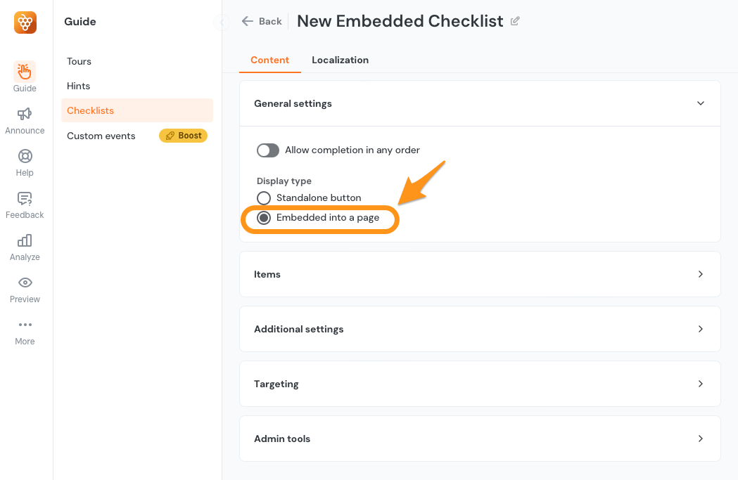 an image showing where to find the embedded into a page setting for checklists in the Product Fruits administration