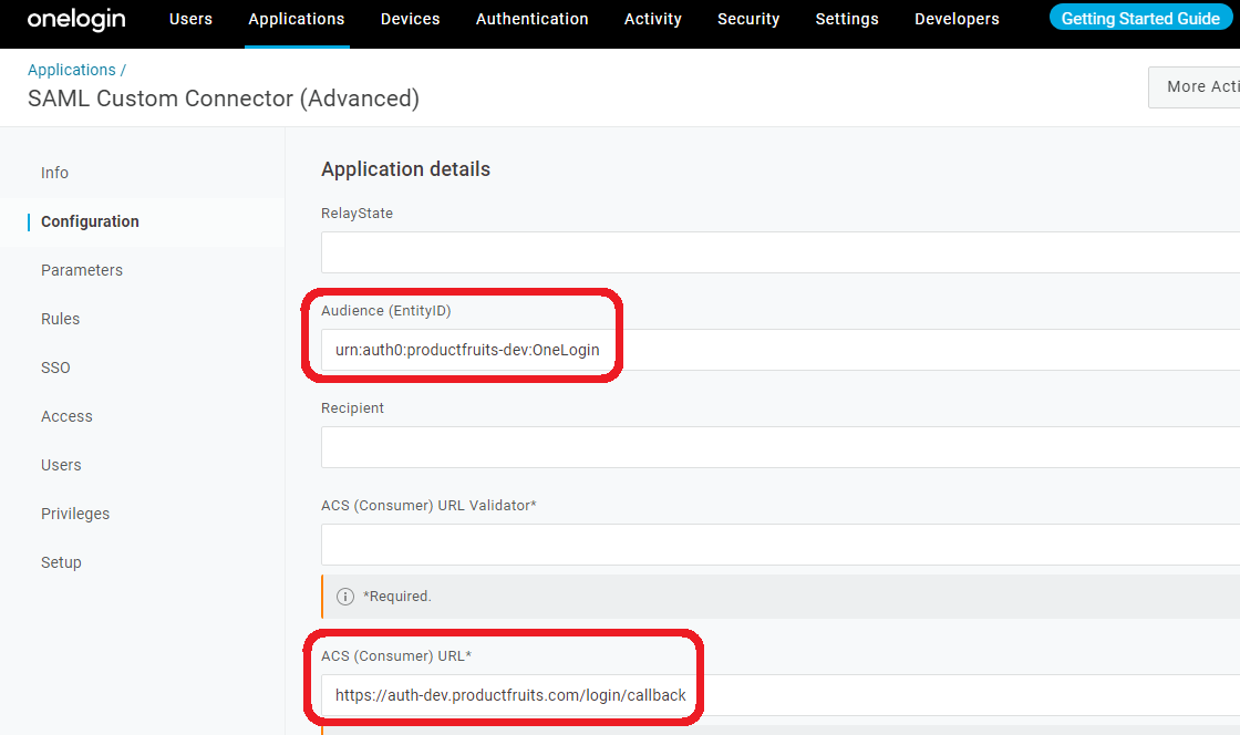 The One Login SAML Custom Connector Advanced page with Audience and ACS Consumer URL highlighted