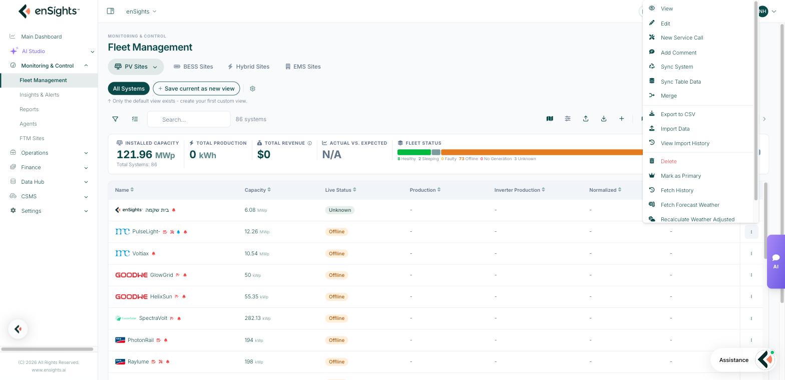 The per-system Actions menu