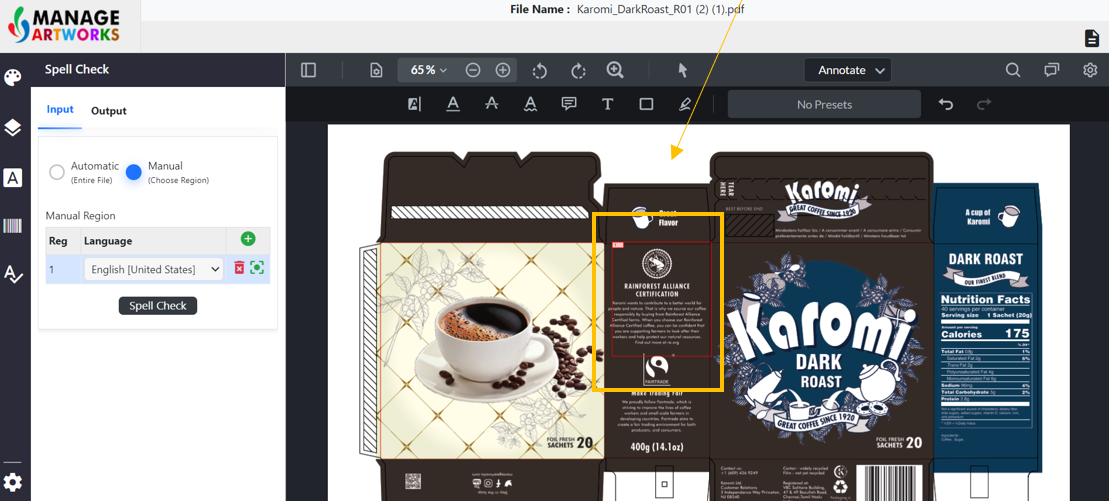 Manual spellcheck for packaging artworks