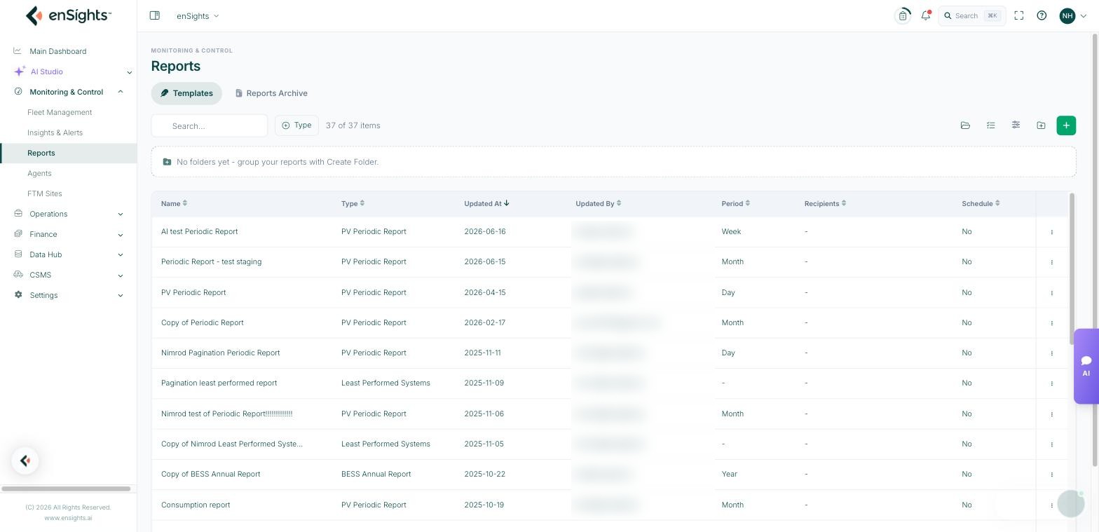 The Templates tab of Reports