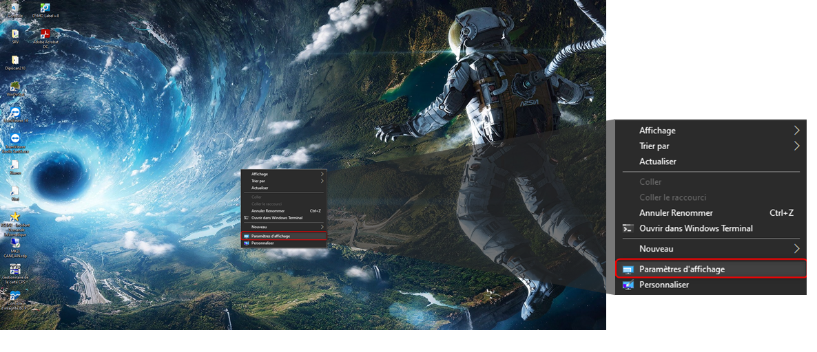 Trier par 
Coller le raccourci 
Annuler Renommer 
Ouvrir dans Windows 
Nouveau 
Paramètres d' affichage 
Personnaliser 
Ctrl+Z 