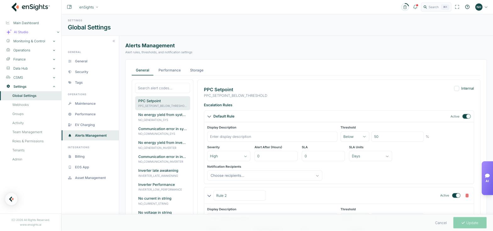 The Alerts Management page on the General tab: the searchable list of alert codes on the left and the selected alert’s escalation rules on the right.