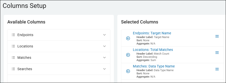 Column Setup for Total Matches by Target report