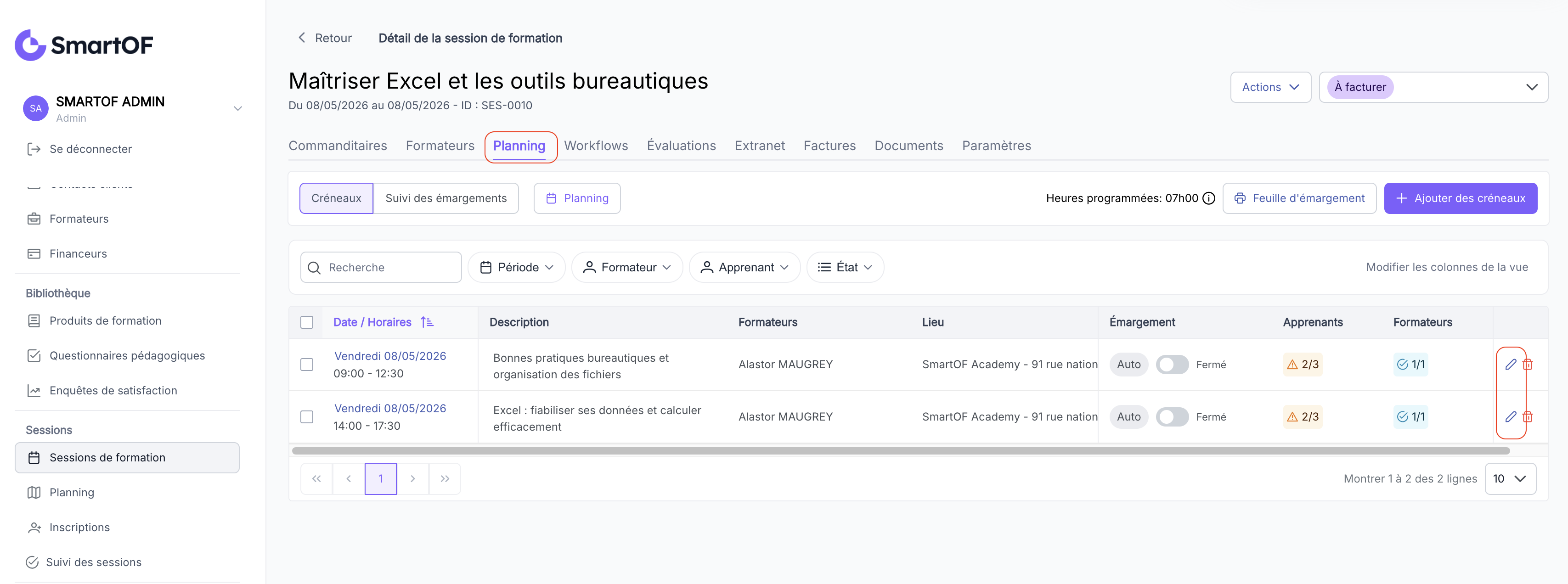 Planning de la session avec l'icône modifier sur un créneau