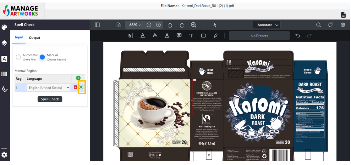 Manual spellcheck for packaging artworks