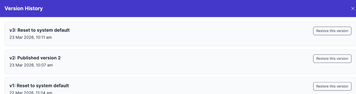 Version History panel showing three versions with dates and Restore buttons