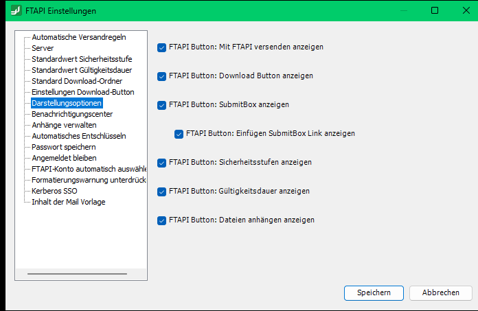 Darstellungsoptionen für FTAPI-Buttons in der Outlook-Menüleiste