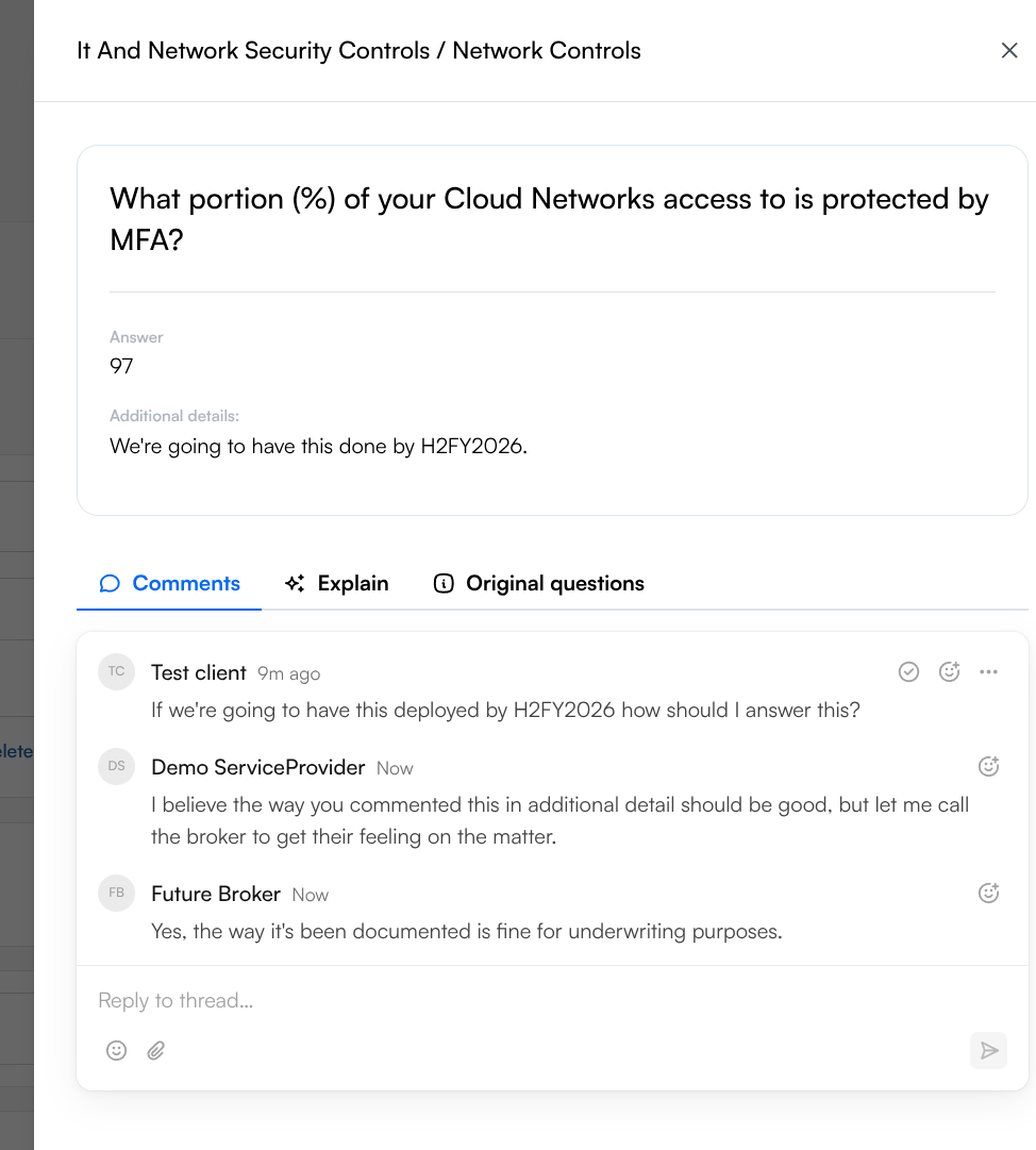 Comments panel open on an MFA question. Above the thread, the question and its answer are shown, with Comments, Explain, and Original Carrier Questions tabs. The thread shows a conversation between a Test client, a Service Provider, and a broker discussing how to answer the question.
