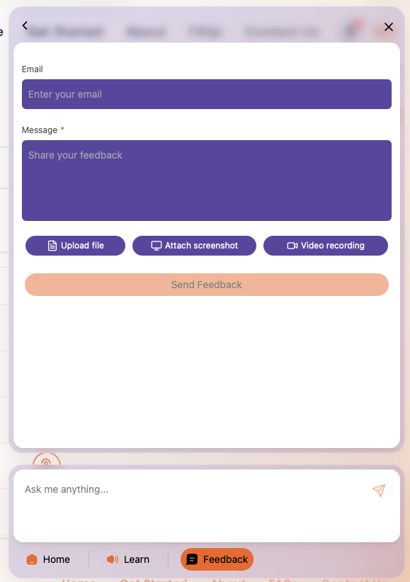 Feedback window with email, message and upload buttons.