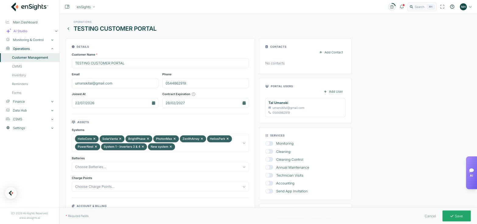 A saved customer record with systems attached and a portal user.