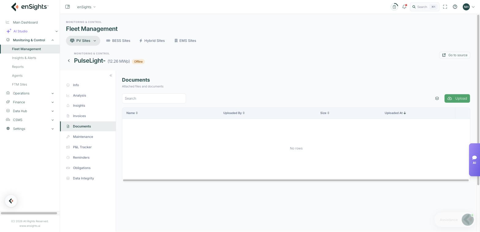 The Documents tab of a PV site