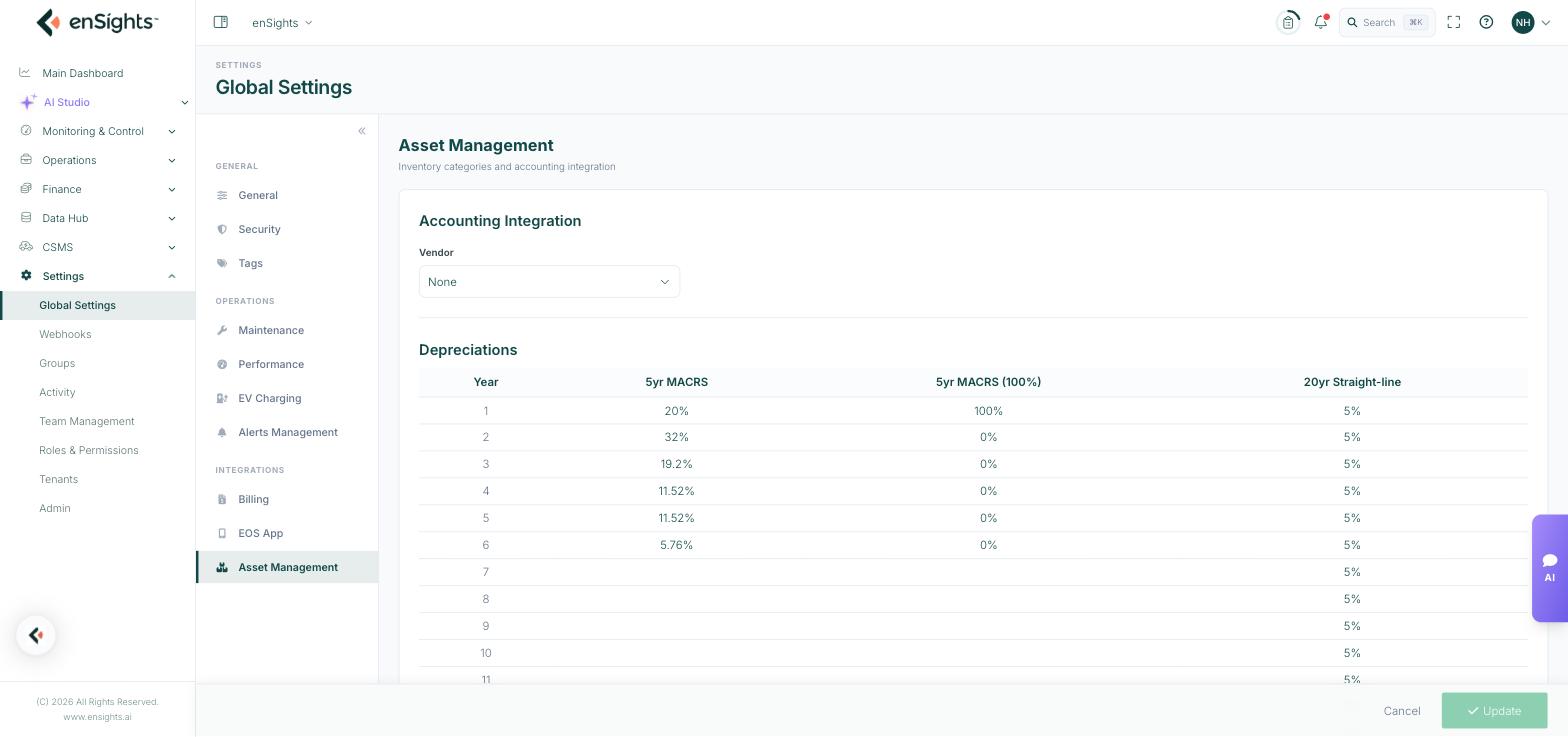 The Asset Management settings page: the Accounting Integration vendor selector and the Depreciations table showing 5yr MACRS, 5yr MACRS (100%) and 20yr Straight-line percentages by year.