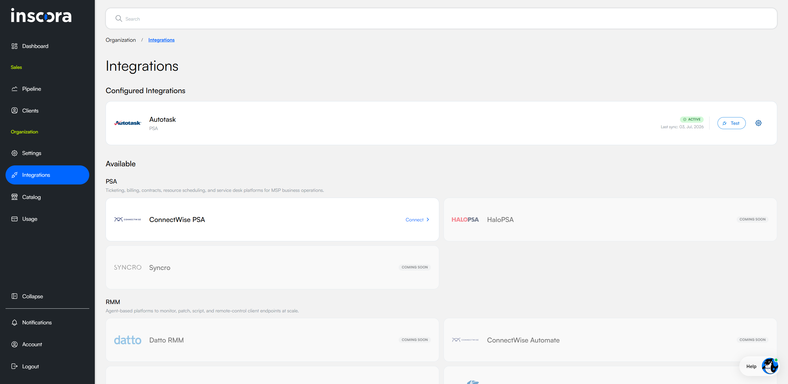 Integrations page. Configured Integrations shows Autotask PSA with an ACTIVE badge, its last sync date, a Test button, and a settings gear. The Available section groups platforms into Professional Services Automation (ConnectWise PSA with a Connect link; HaloPSA and Syncro marked COMING SOON) and Remote Monitoring and Management (Datto RMM and ConnectWise Automate marked COMING SOON).