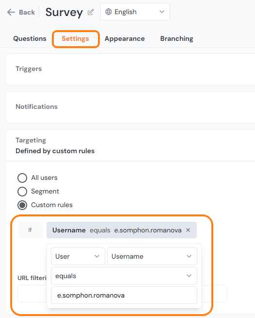 The settings menu of a survey highlighting the targeting defined by custom rules menu as a method to preview published content limited to a single username