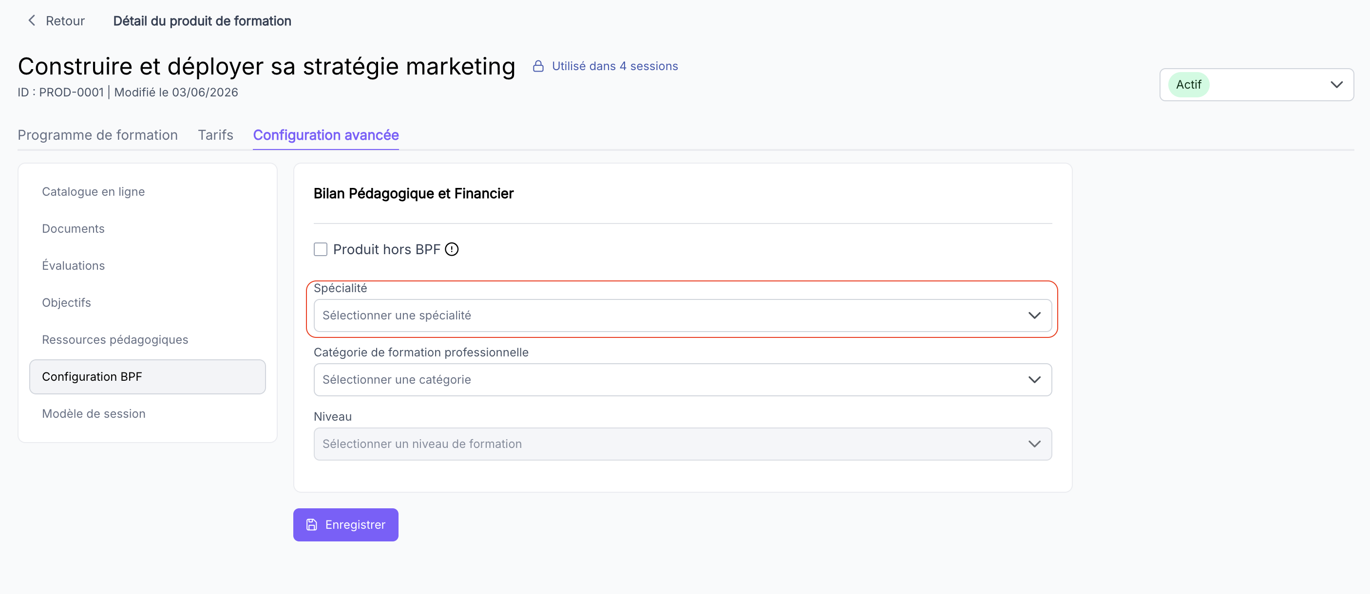 Champ Spécialité avec liste déroulante des codes NSF