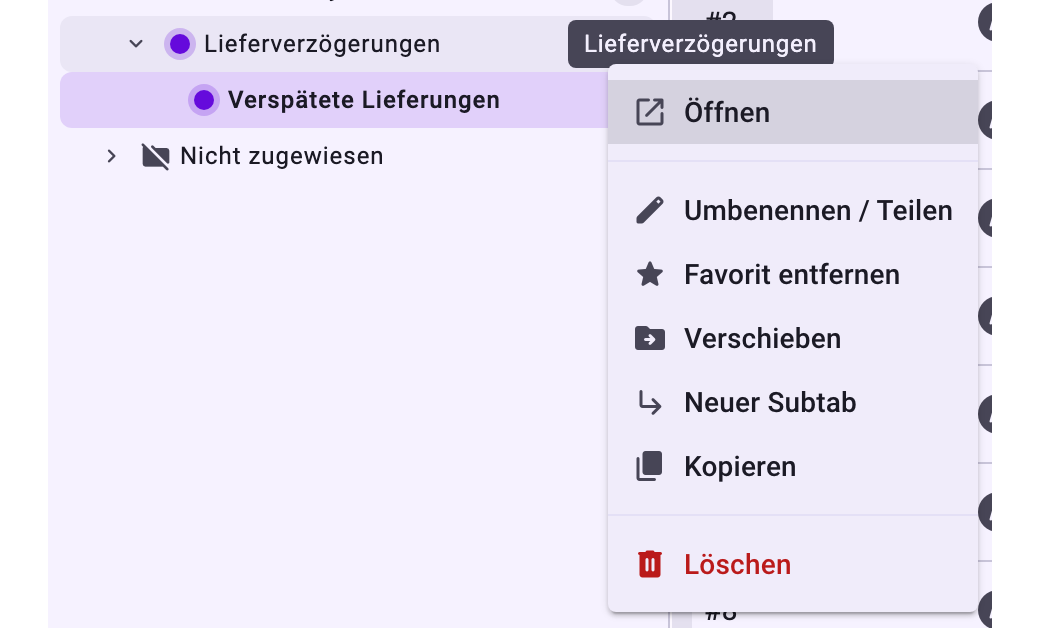 Das Menü eines Tabs mit Öffnen, Umbenennen / Teilen, Favorit entfernen, Verschieben, Neuer Subtab, Kopieren und Löschen