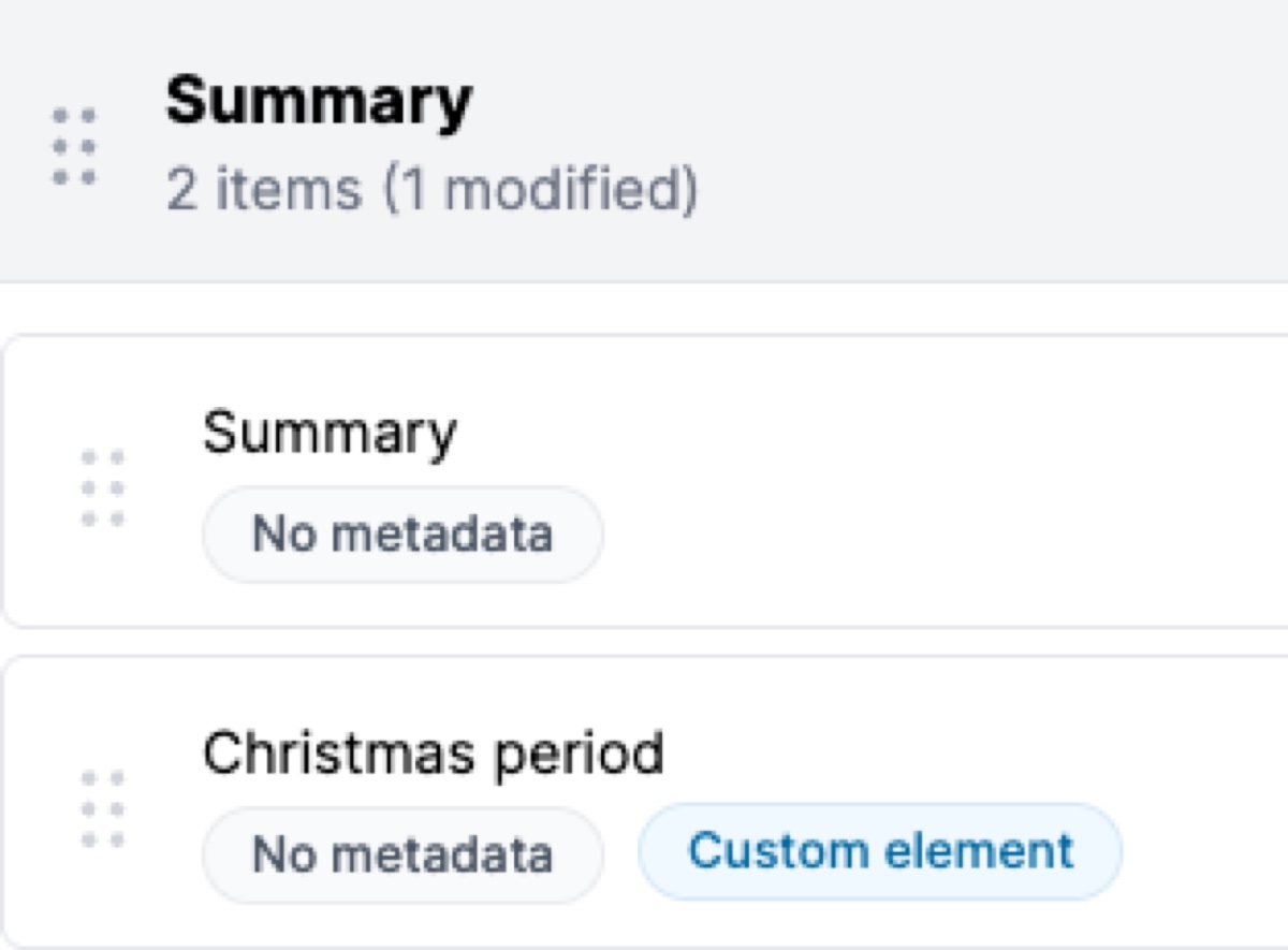 Summary section showing a custom Christmas period item with the Custom element badge