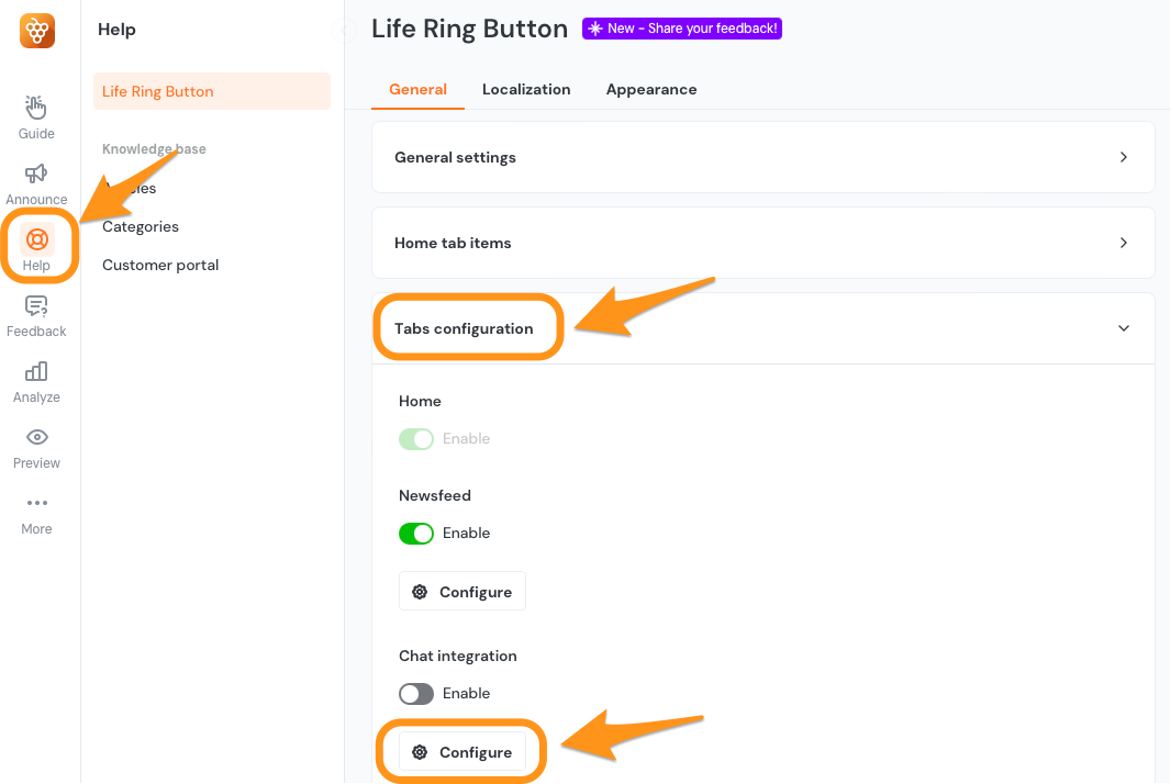 The Life Ring Button screen with Tabs configuration and Chat configuration highlighted