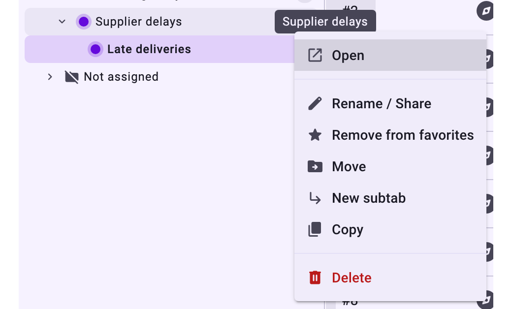 The menu of a tab with Open, Rename / Share, Remove from favorites, Move, New subtab, Copy and Delete