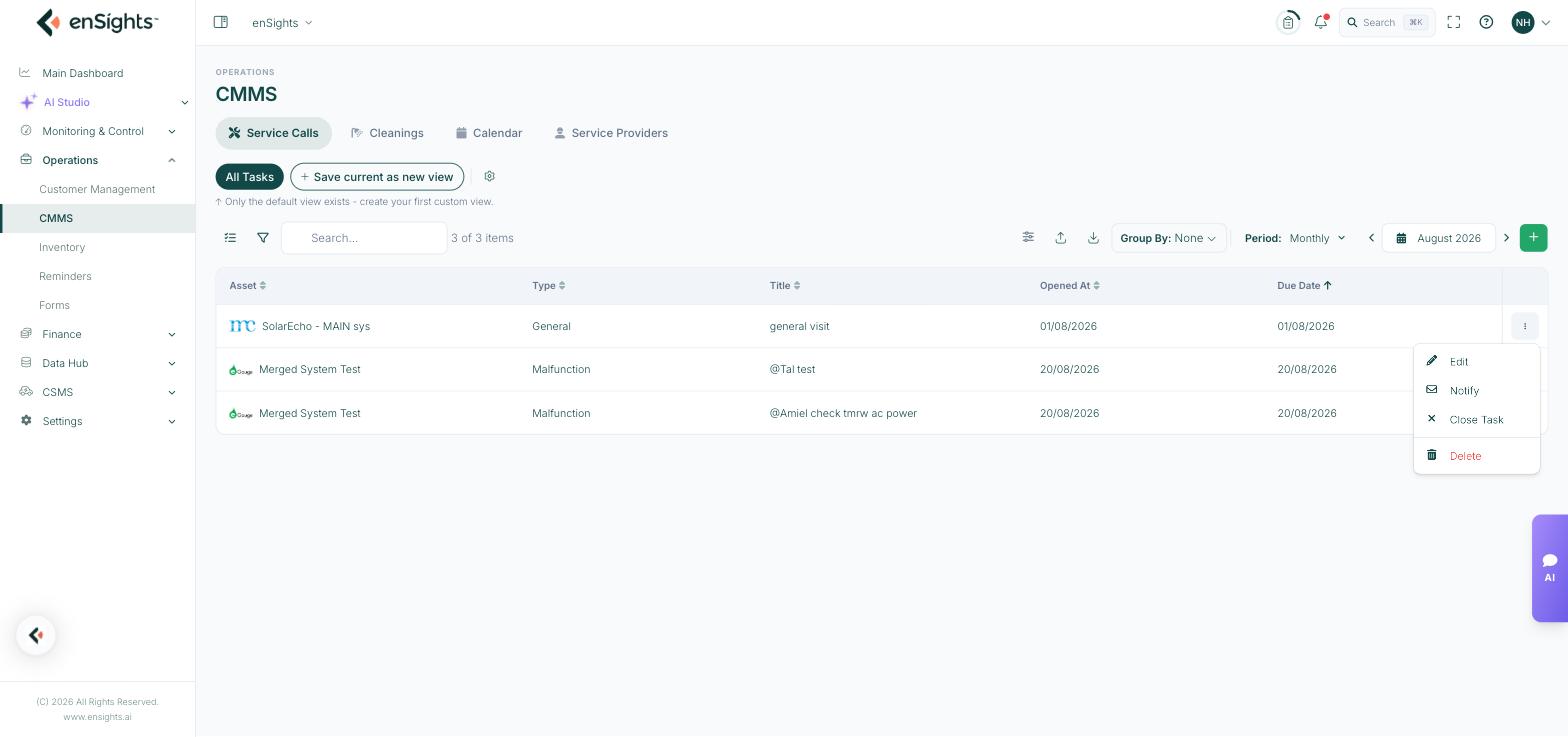 Row actions on a service call: edit, notify, close task and delete.