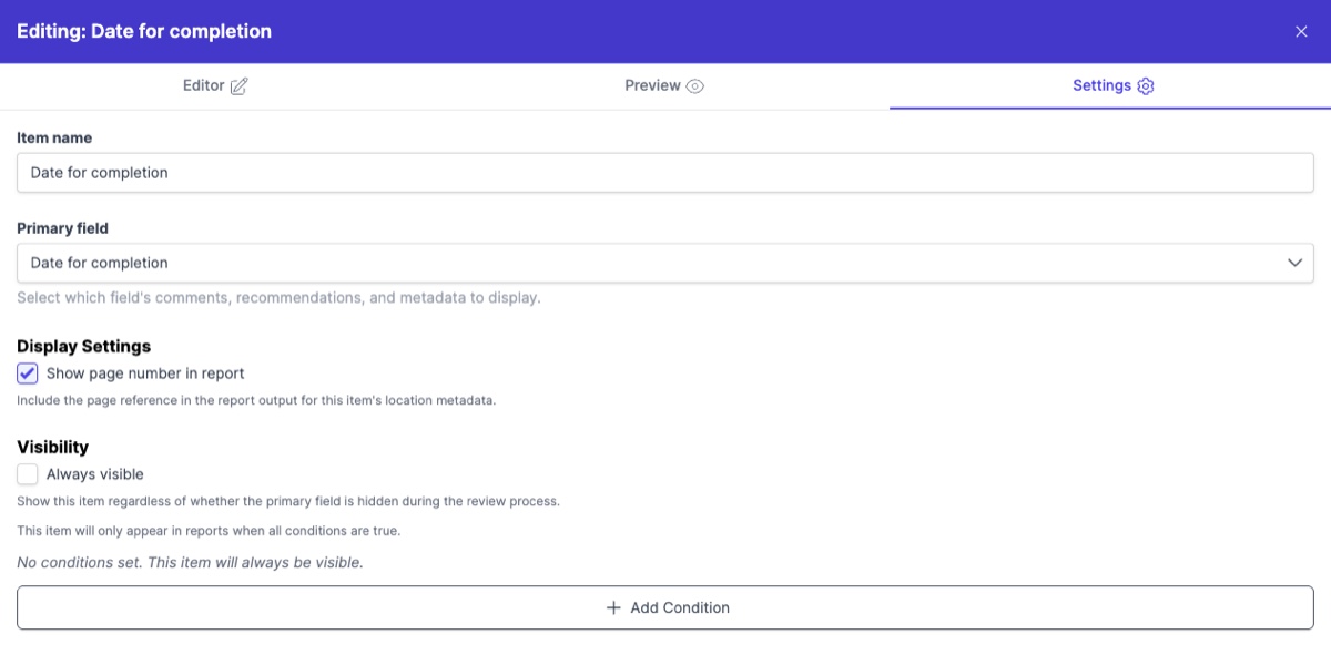 Item Editor Settings tab showing item name, primary field, display settings, and visibility