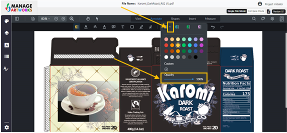 Change the opacity of highlighted text on a packaging artwork