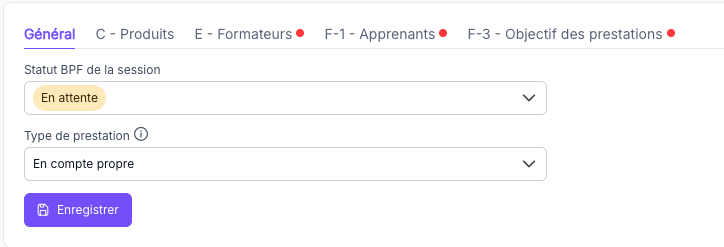 Onglet Général avec les champs Statut et Type de prestation renseignés