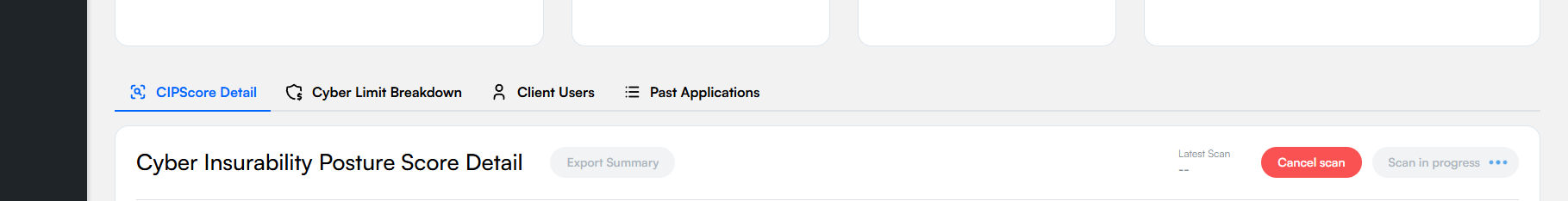 Client page showing scan in progress with Cancel scan button and Scan in progress indicator
