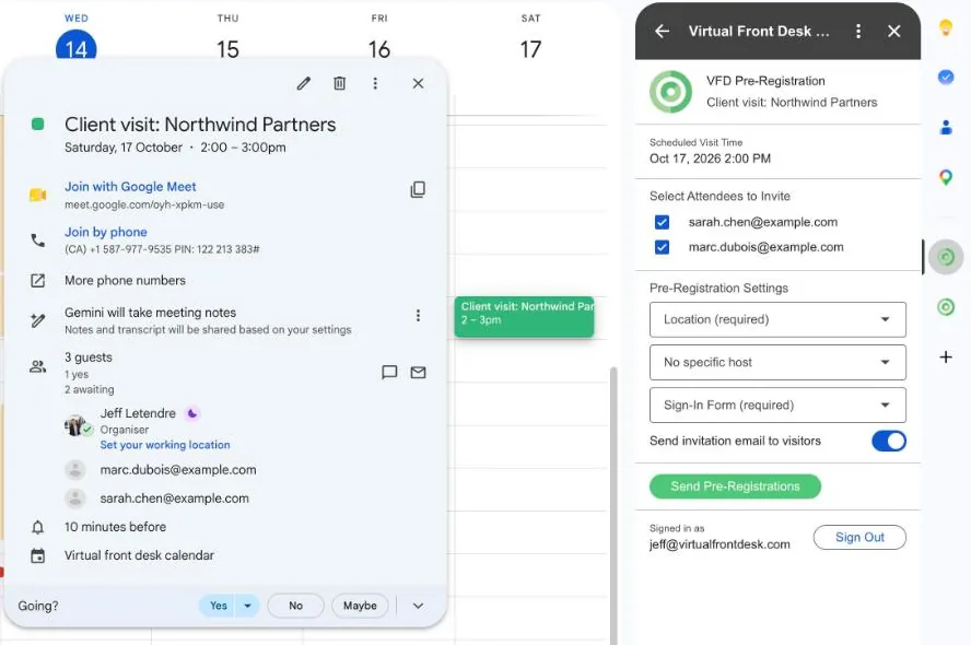 The add-on showing the event, visit time and guests