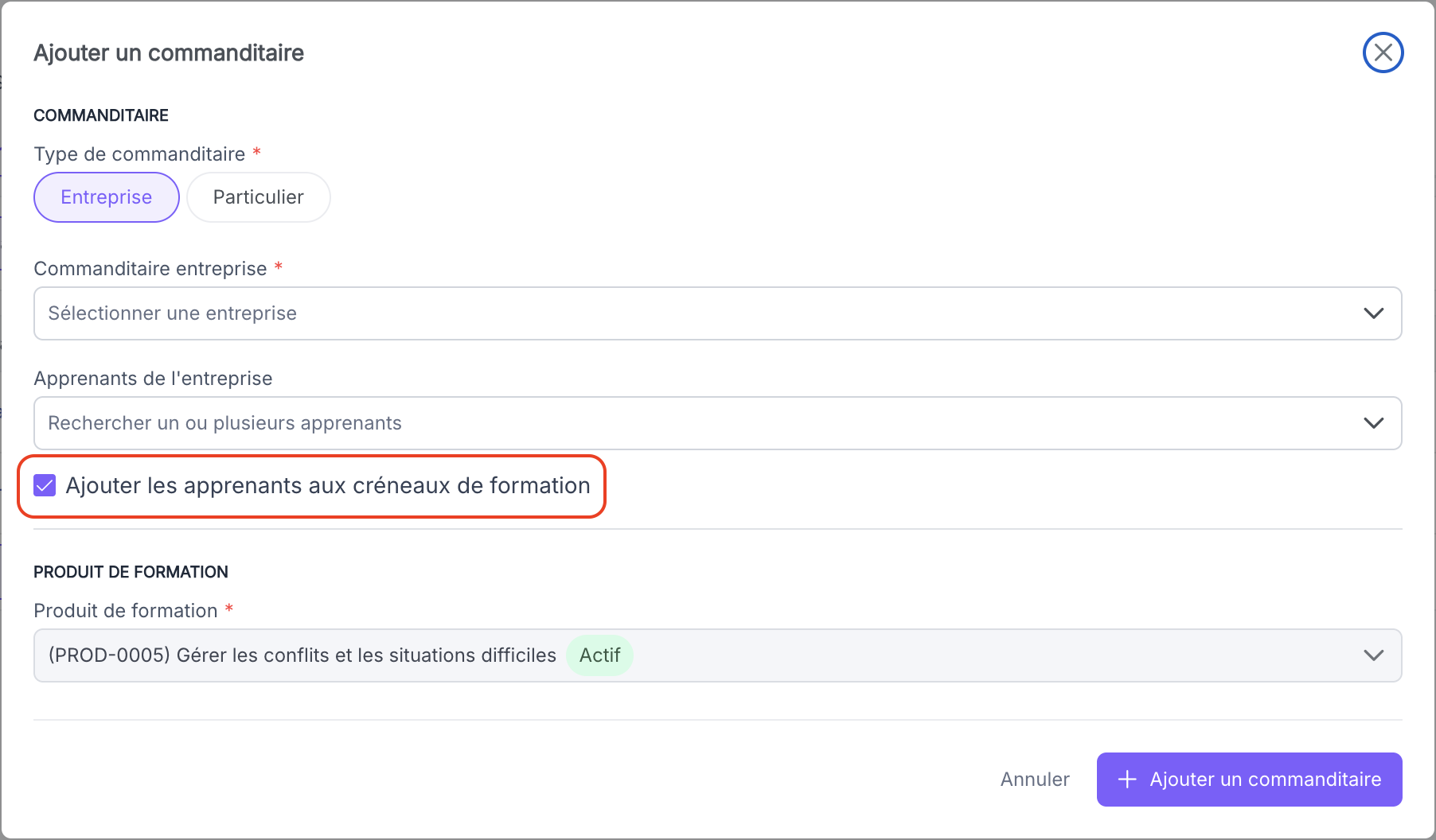 Tableau Commanditaires avec l'entreprise et ses apprenants