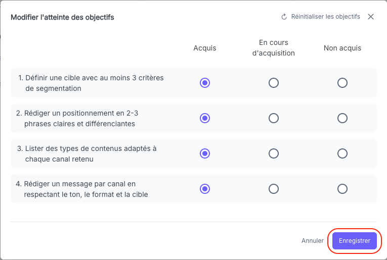 Grille d'objectifs renseignée dans la popin