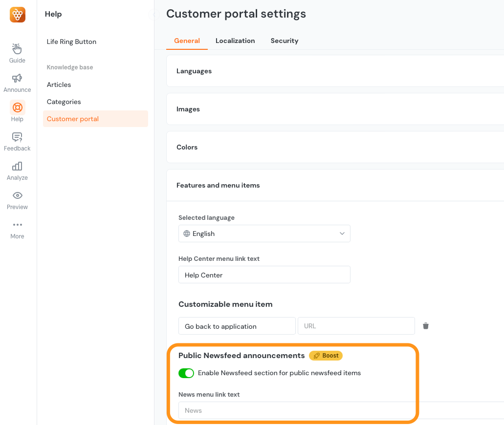 The Customer portal settings menu showing where to enable newsfeed section for public newsfeed items