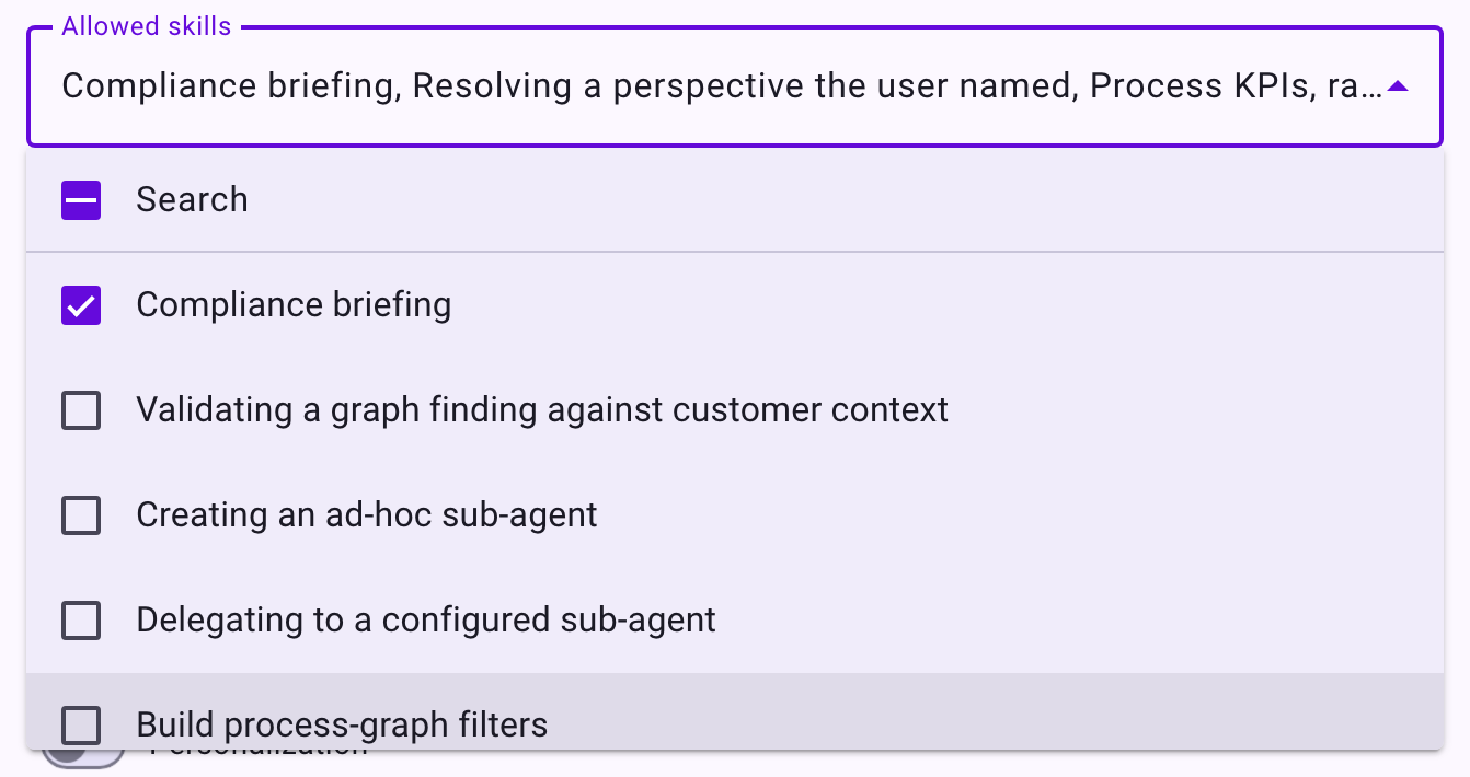 The Allowed skills list of an agent with Compliance briefing ticked, and further Noreja skills below
