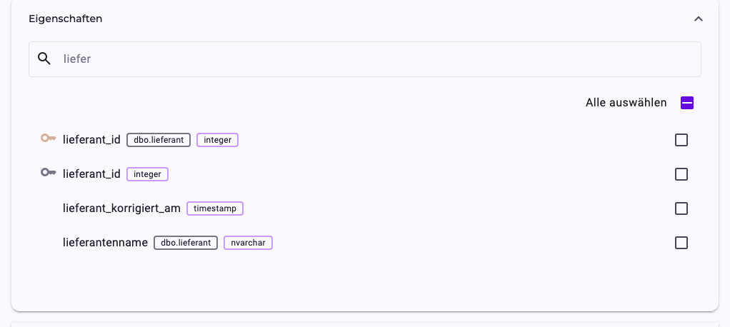 Eigenschaften des Bestellobjekts, gefiltert nach liefer: lieferant_id und lieferantenname, gekennzeichnet mit dbo.lieferant aus der verbundenen Tabelle, und die eigenen Spalten der Bestellung lieferant_id und lieferant_korrigiert_am