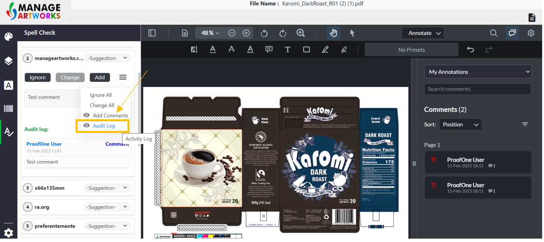 Automatic spellcheck for packaging artworks