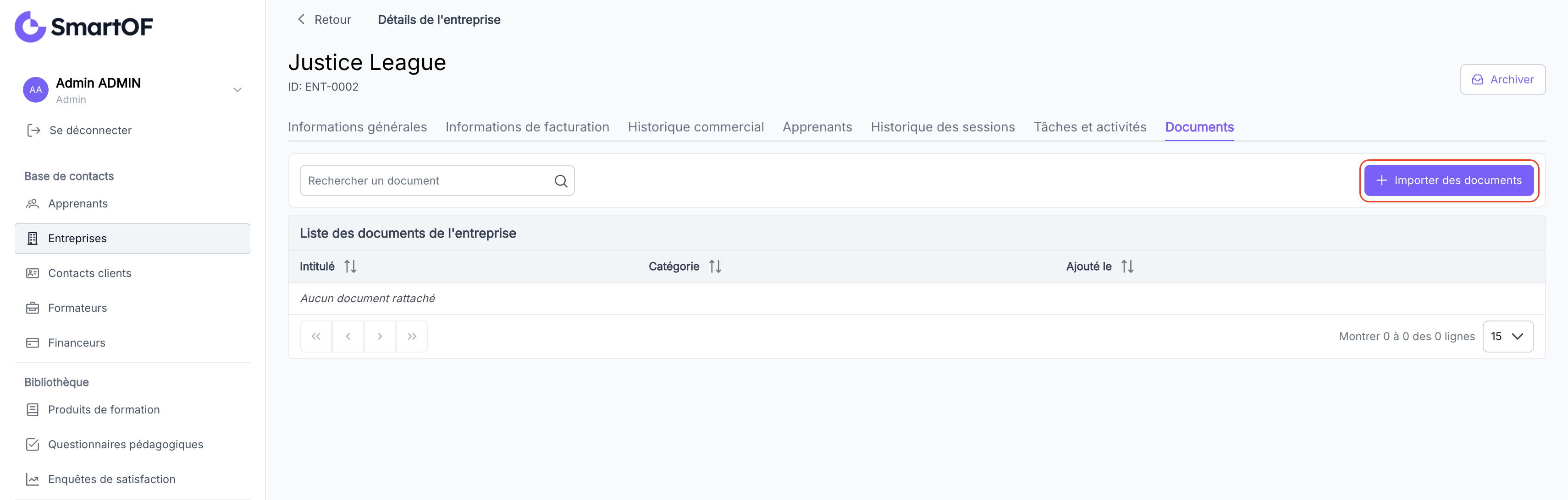 Bouton Importer des documents et fenêtre de sélection de fichier