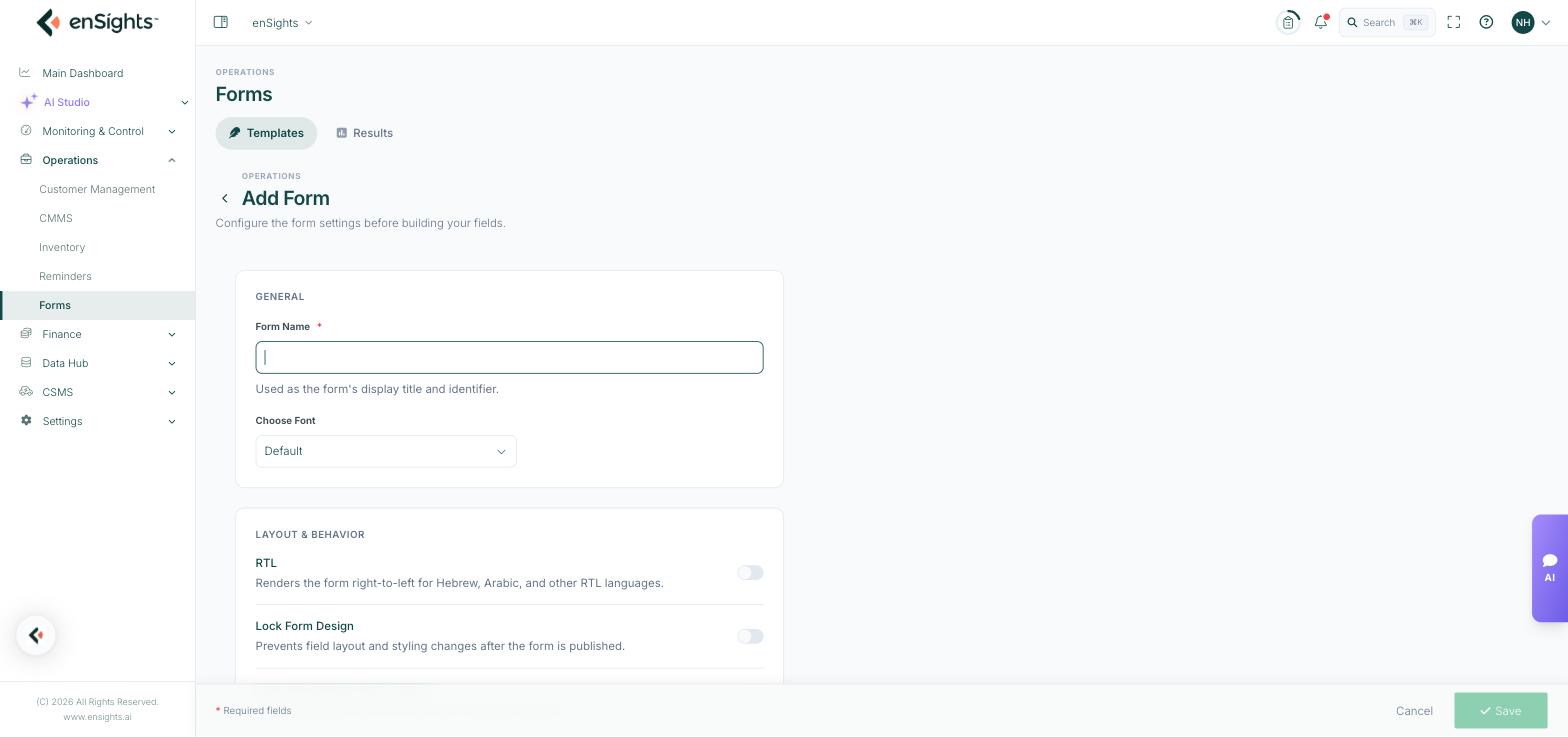 Form settings: name, font, RTL, lock form design, allow results edits and hide logo.