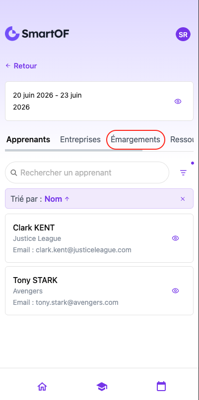 Vue Émargements dans l'extranet formateur
