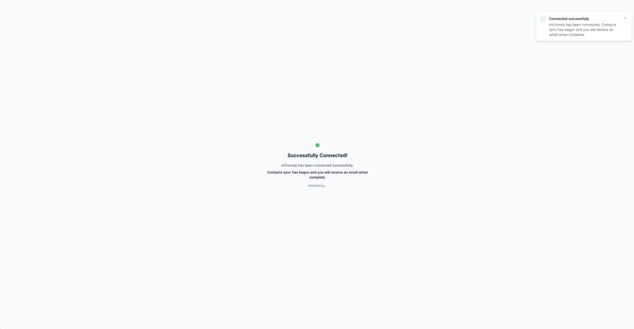 The success screen showing a green check icon, "Successfully Connected!" heading, and the message "Contacts sync has begun and you will receive an email when complete"