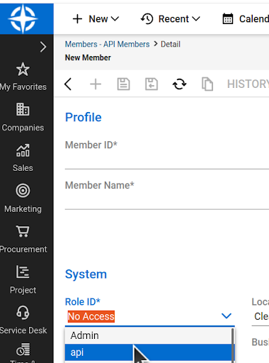 ConnectWise New API Member form with Member ID and Member Name fields and the Role ID set to the Inscora role.
