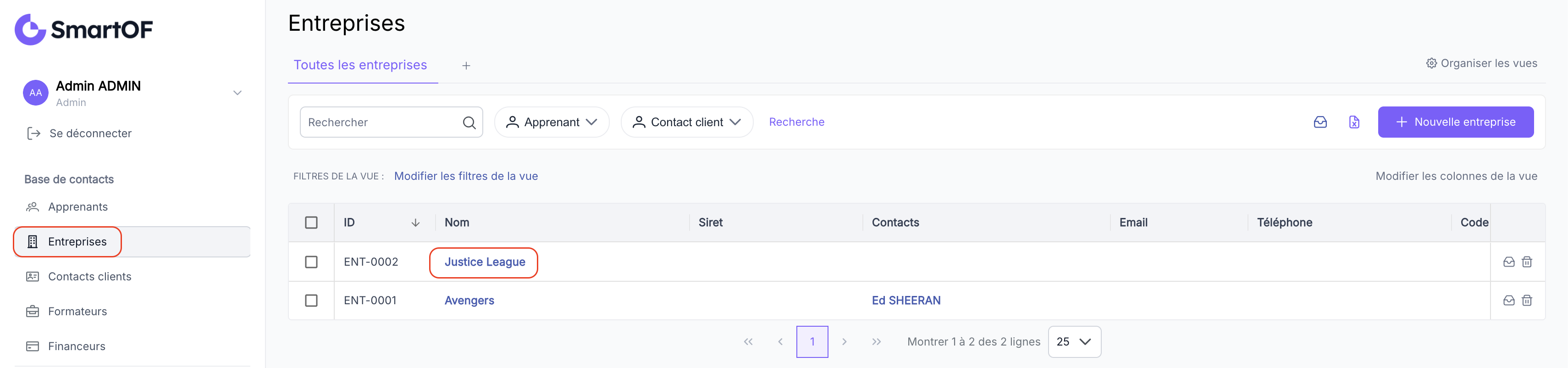 Liste des entreprises avec barre de recherche
