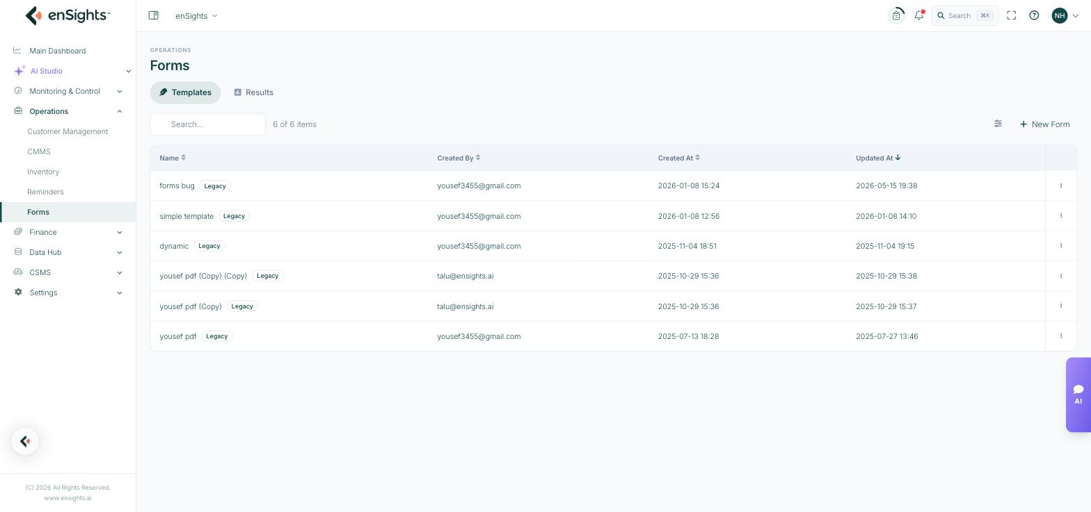 The form template library with name, creator and update dates, and Legacy badges.