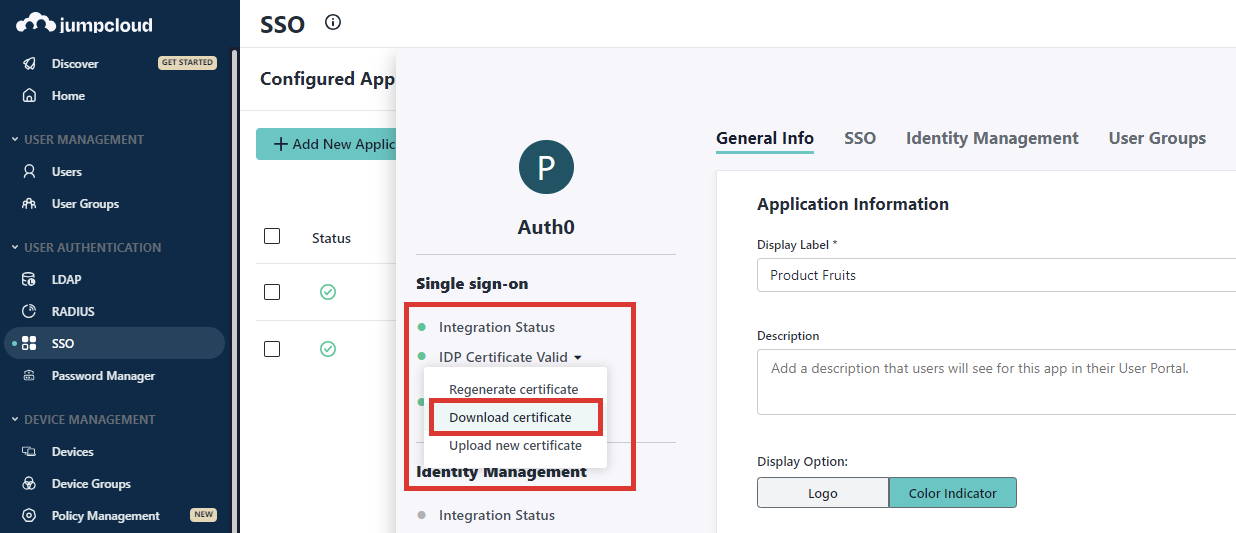 The JumpCloud platform SSO screen highlighting Download certificate